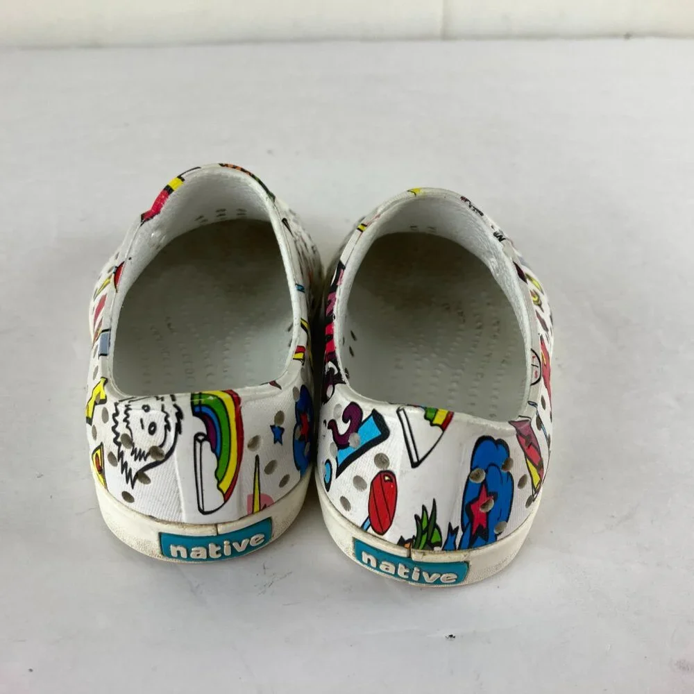 Native Jefferson Toddler Boy Girl Sz 7 White Graphic Print Water Shoe‎ Sneaker